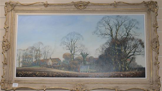 Donald Ayres (b.1936), oil on canvas, Landscape with a village, signed, 122 x 51cm